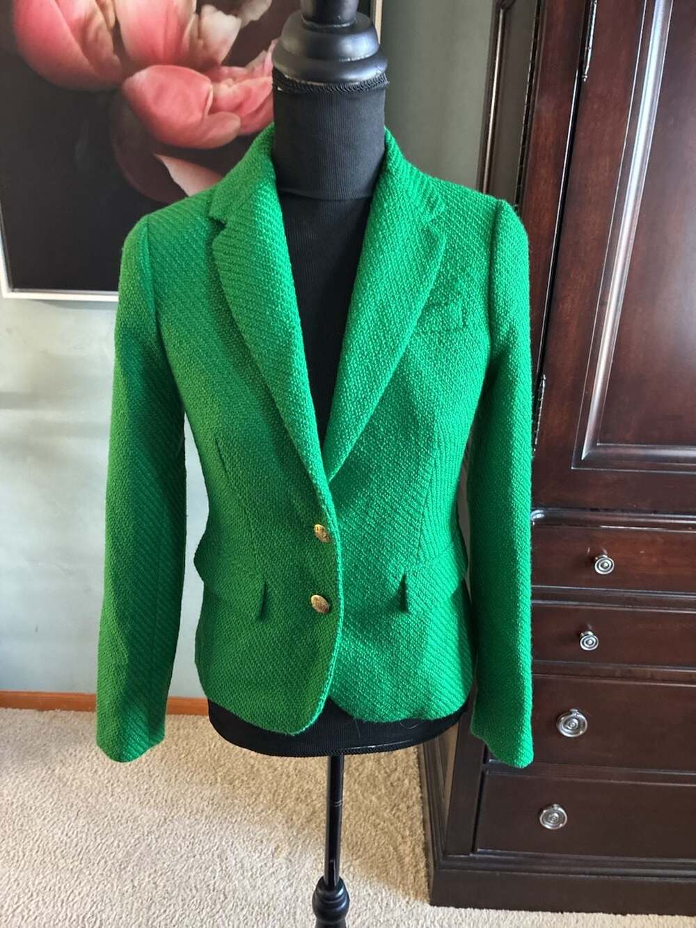J.Crew Wmn’s Bright Green Tweed Blazer Jacket w/ Gold Tone Buttons Sz 00 A691